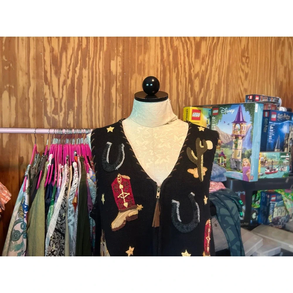 Tiara International Vintage Western Knit‎ Vest Black Cowboy Equestrian Horse L